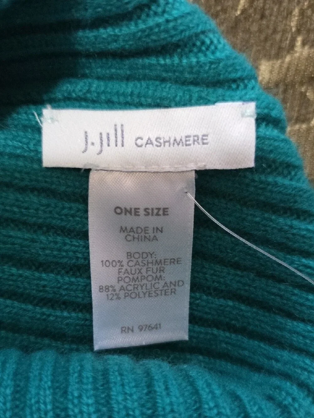 J. Jill Cashmere Teal Knit Beanie with Faux Fur Pom
